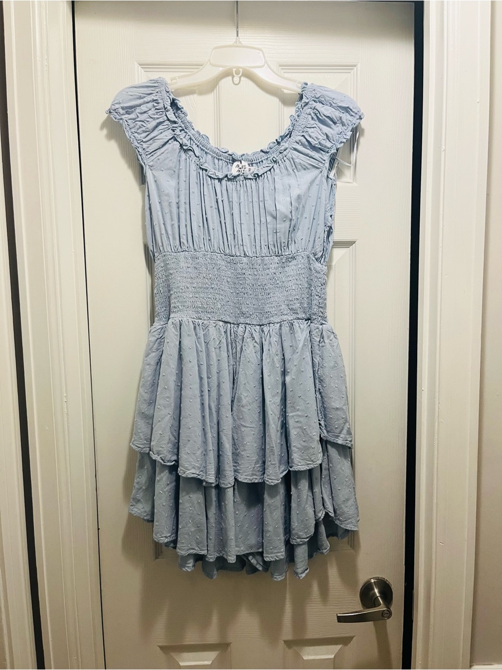 Princess Polly Blue Swiss Dot Smocked Tiered Mini Dress Size US 10